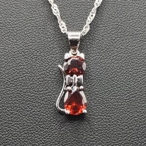 925 Silver Necklace CZ Red Ruby Cat Jewelry Women's Valentine's Birthday Gift